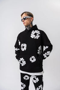 Hoodie Oversize Noir à Motifs Floraux Blancs