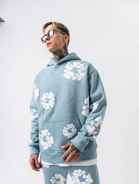 Hoodie Oversize Bleu Clair à Motifs Floraux Blancs