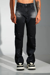 Jean Flare Homme Noir Délavé avec Détails Peinture Blanche